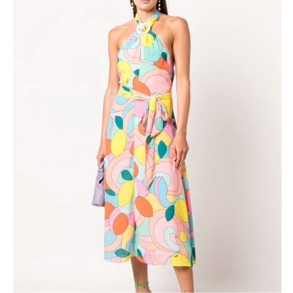 Modern Lemon-Print Dress: Staud Kai Halter Midi Dress Retro Vibe Large NEW - Picture 3 of 10